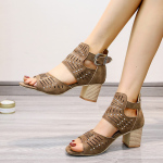 Womens Sandals Open Toe Ladies Hollow Chunky High Heel Roman Sandals Buckle Strap Cut Out Sandals Casual Beach Shoes