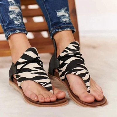 KISFLY Women Gladiator Sandals Retro Leopard Pattern PU Leather Flat Shoes Flip Flops Summer Casual Back Zipper Sandals 02