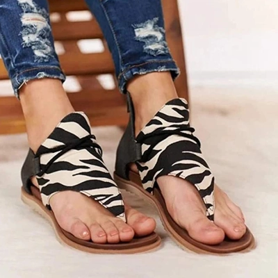 KISFLY Women Gladiator Sandals Retro Leopard Pattern PU Leather Flat Shoes Flip Flops Summer Casual Back Zipper Sandals 02