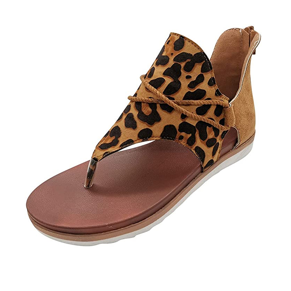 KISFLY Women Gladiator Sandals Retro Leopard Pattern PU Leather Flat Shoes Flip Flops Summer Casual Back Zipper Sandals