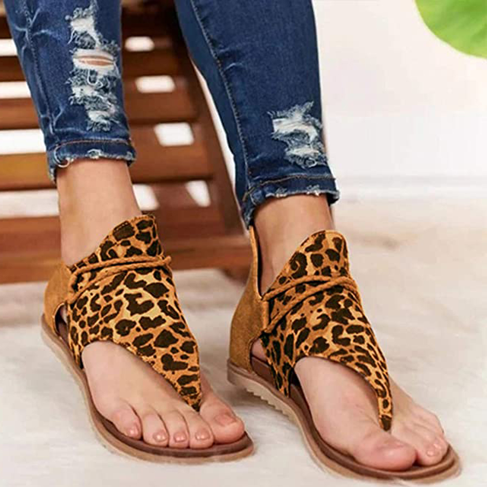 KISFLY Women Gladiator Sandals Retro Leopard Pattern PU Leather Flat Shoes Flip Flops Summer Casual Back Zipper Sandals
