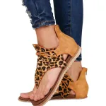 KISFLY Women Gladiator Sandals Retro Leopard Pattern PU Leather Flat Shoes Flip Flops Summer Casual Back Zipper Sandals