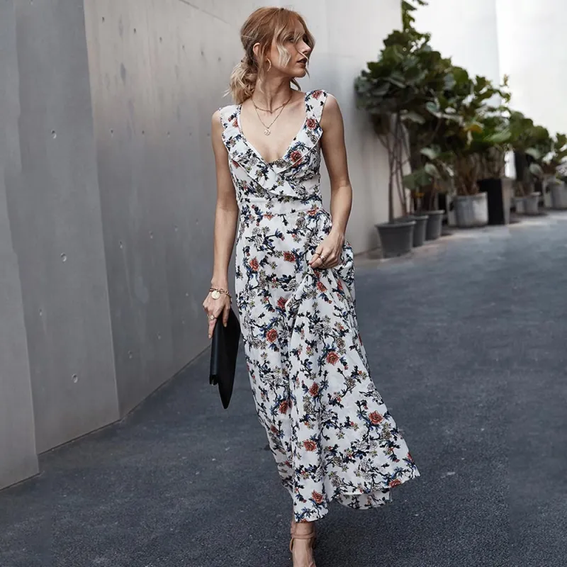 KISFLY 2021 New Women's Summer Halter Floral Print Sleeveless Dress