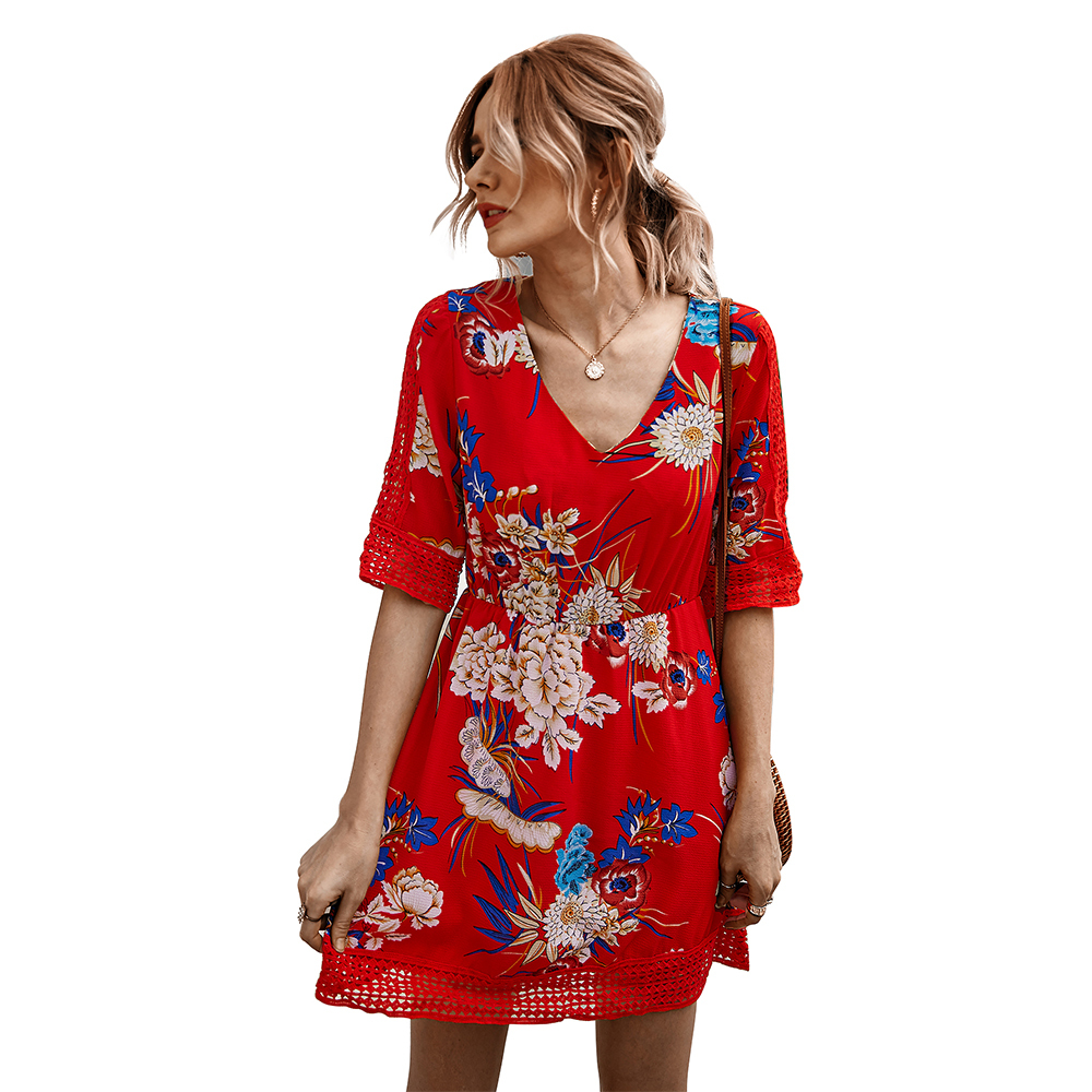 Summer Women Short Sleeve Print Dress V Neck Casual Short Dresses