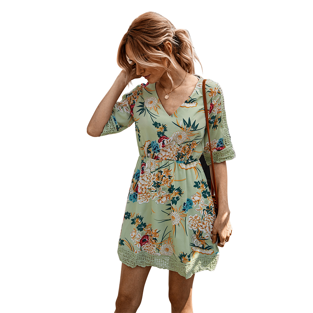 Summer Women Short Sleeve Print Dress V Neck Casual Short Dresses