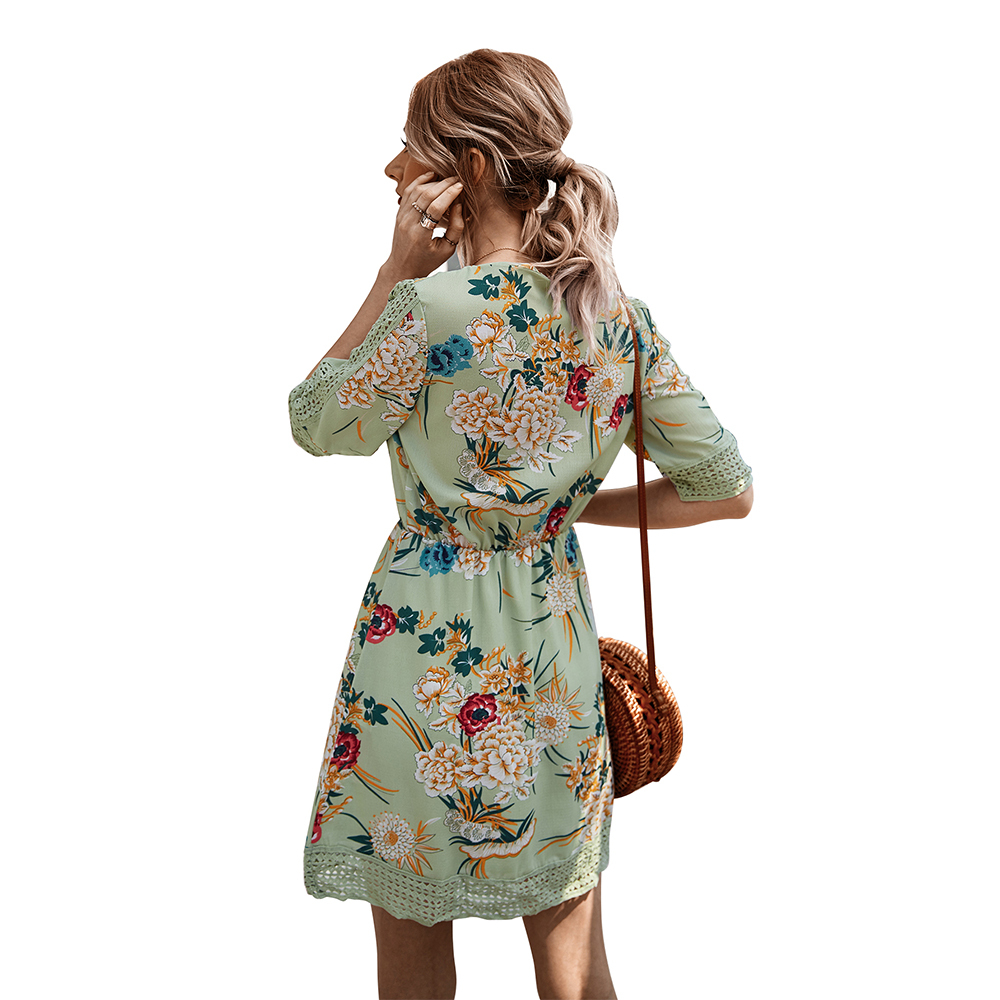 Summer Women Short Sleeve Print Dress V Neck Casual Short Dresses
