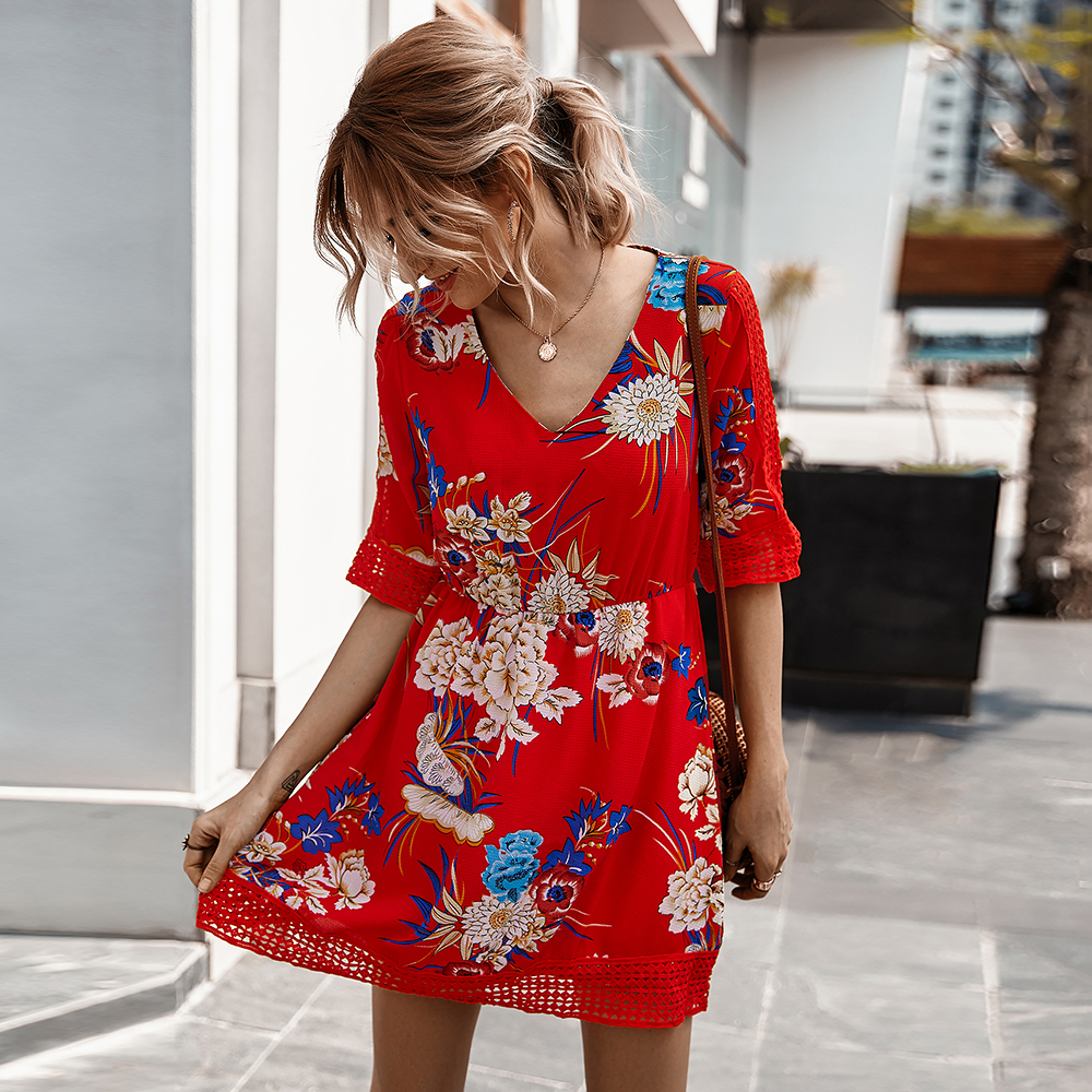 Summer Women Short Sleeve Print Dress V Neck Casual Short Dresses
