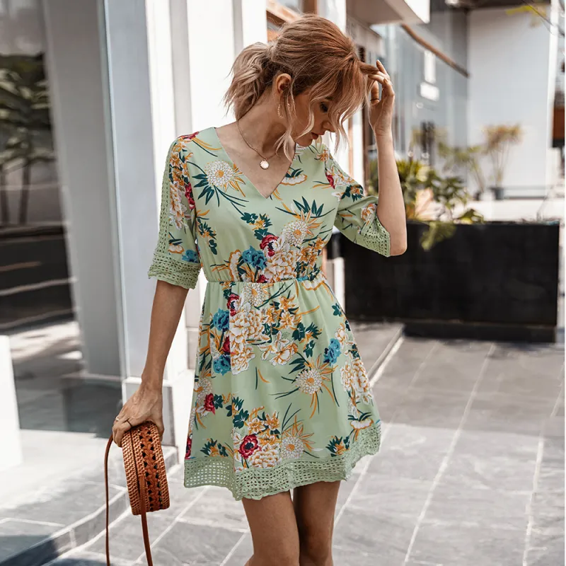 Summer Women Short Sleeve Print Dress V Neck Casual Short Dresses