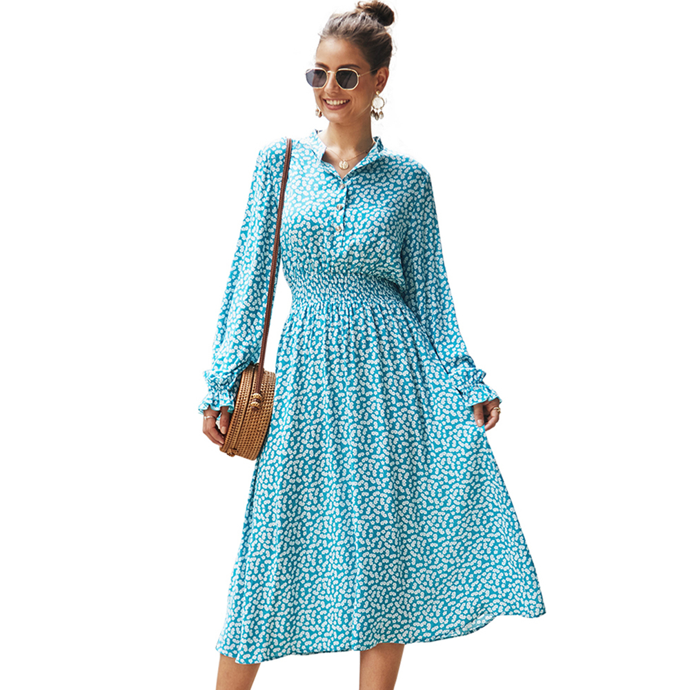 KISFLY 2021 New Women Long Sleeve Print Dress Casual Long Dresses