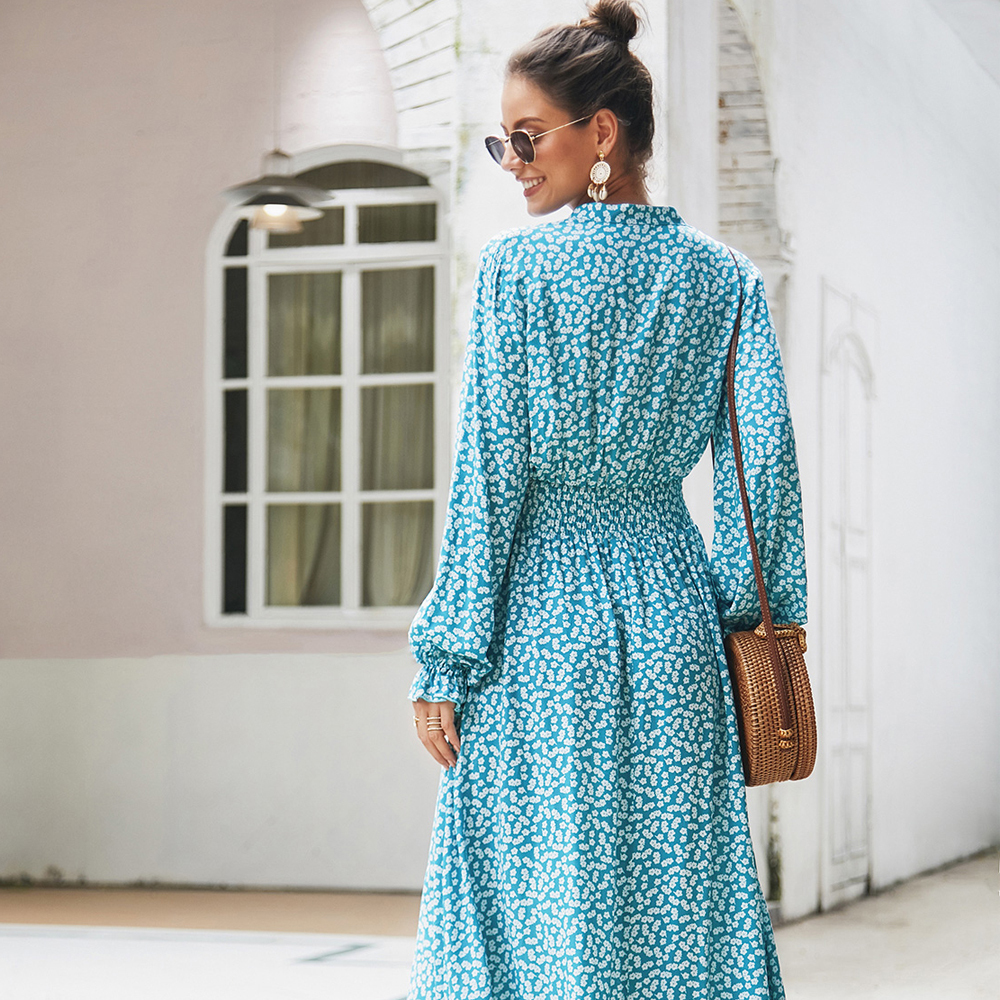 KISFLY 2021 New Women Long Sleeve Print Dress Casual Long Dresses
