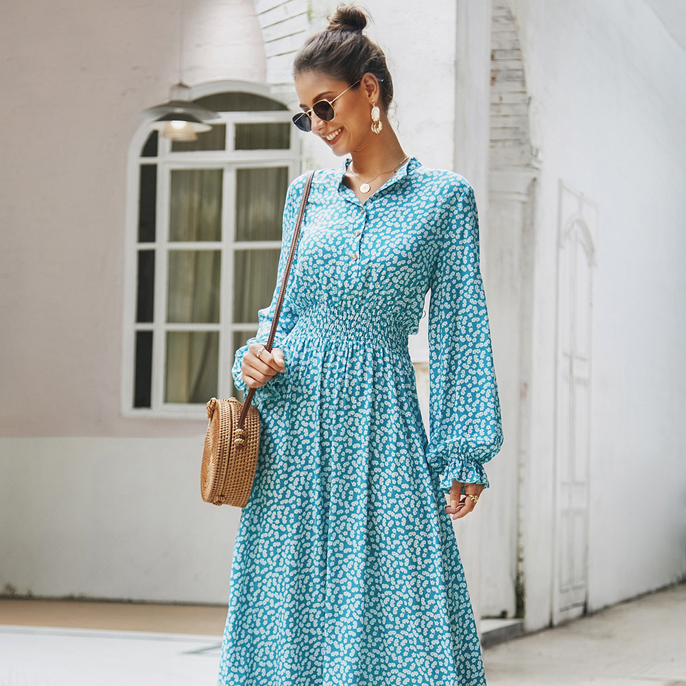 KISFLY 2021 New Women Long Sleeve Print Dress Casual Long Dresses