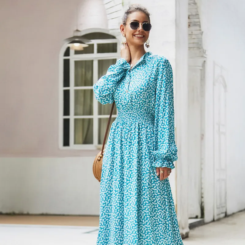 KISFLY 2021 New Women Long Sleeve Print Dress Casual Long Dresses