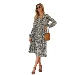 KISFLY 2021 New Womens Leopard Print Long Sleeve Sexy V Neck Midi Dress