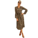 KISFLY 2021 New Womens Leopard Print Long Sleeve Sexy V Neck Midi Dress