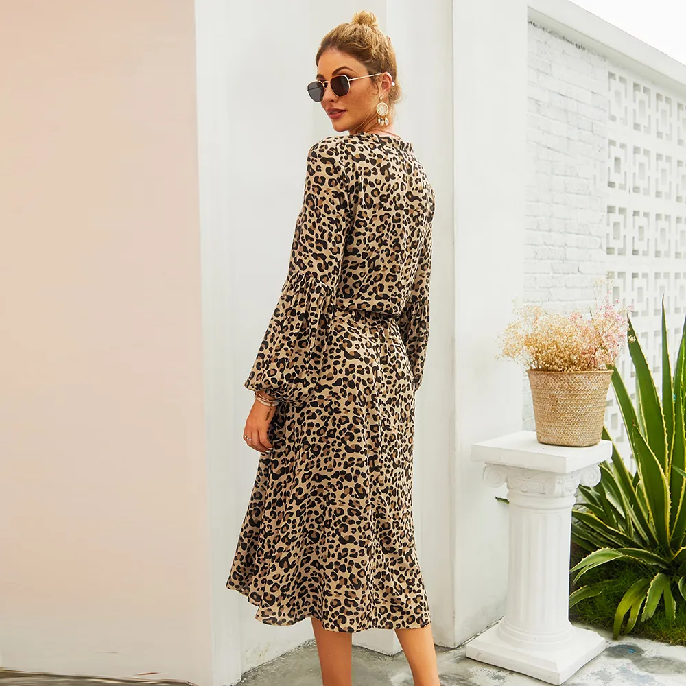 KISFLY 2021 New Womens Leopard Print Long Sleeve Sexy V Neck Midi Dress
