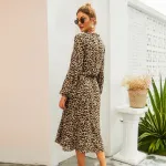 KISFLY 2021 New Womens Leopard Print Long Sleeve Sexy V Neck Midi Dress