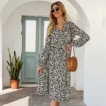 KISFLY 2021 New Womens Leopard Print Long Sleeve Sexy V Neck Midi Dress