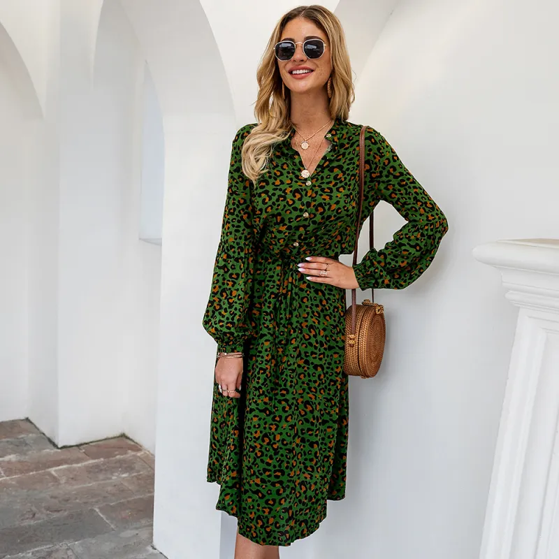 KISFLY 2021 New Womens Leopard Print Long Sleeve Sexy V Neck Midi Dress