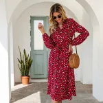 KISFLY 2021 New Womens Leopard Print Long Sleeve Sexy V Neck Midi Dress