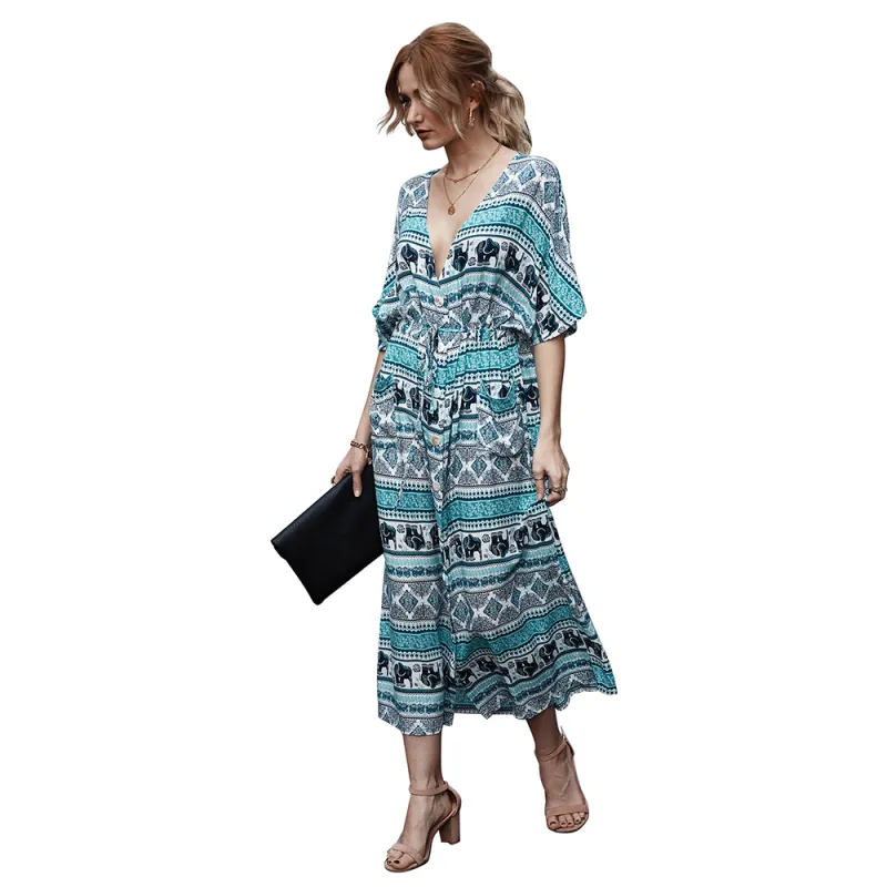 KISFLY Women Casual Bohemian Summer Beach Long Dress