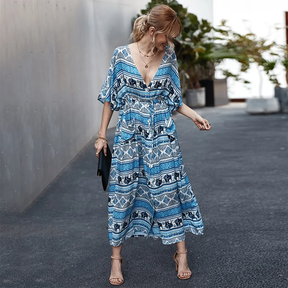 KISFLY Women Casual Bohemian Summer Beach Long Dress