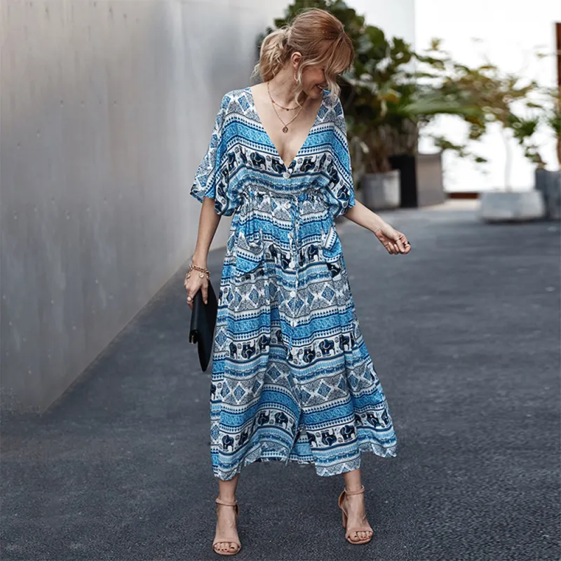 KISFLY Women Casual Bohemian Summer Beach Long Dress