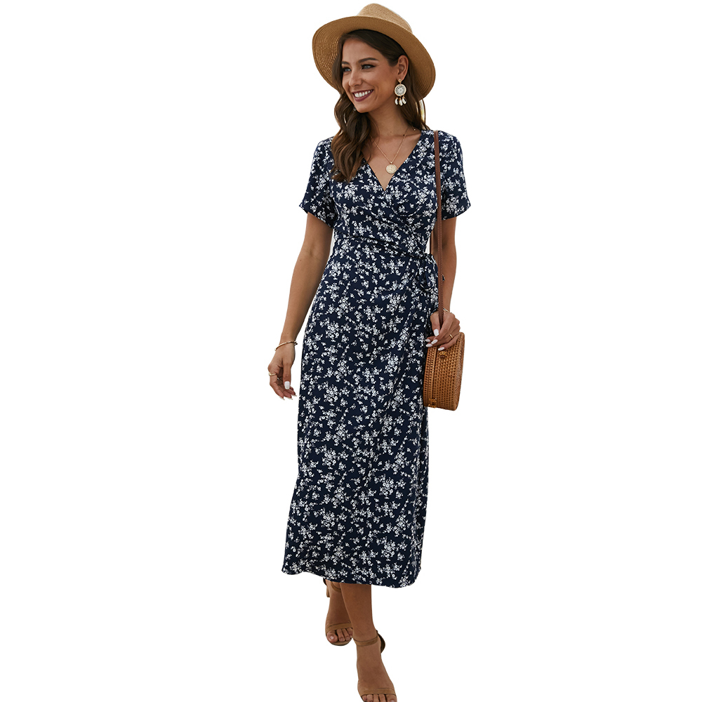 KISFLY 2021 New Summer Women Dress Casual Short Sleeve Print Long Dresses