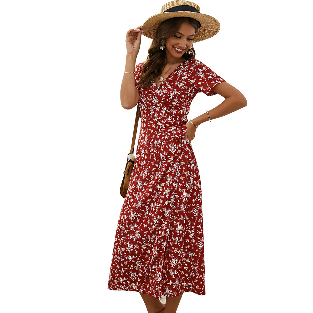 KISFLY 2021 New Summer Women Dress Casual Short Sleeve Print Long Dresses