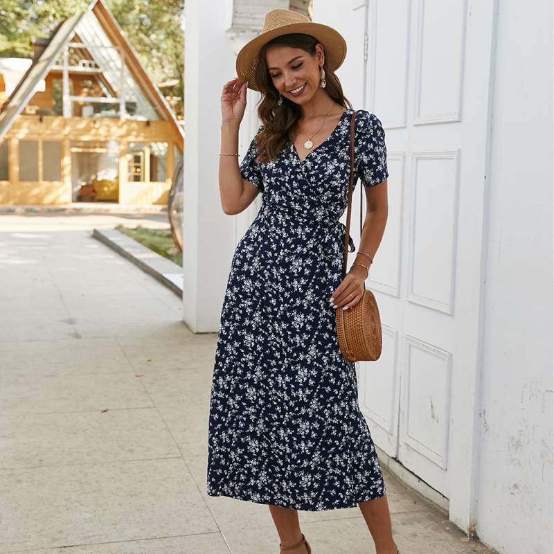 KISFLY 2021 New Summer Women Dress Casual Short Sleeve Print Long Dresses