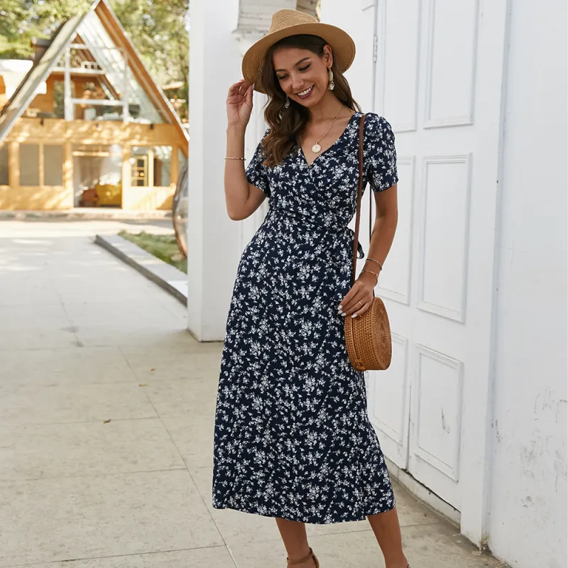 KISFLY 2021 New Summer Women Dress Casual Short Sleeve Print Long Dresses