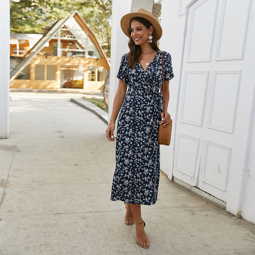 KISFLY 2021 New Summer Women Dress Casual Short Sleeve Print Long Dresses