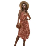 Summer Womens Dress Sleeveless Straps Polka Dot Casual Short Sleeve Midi Dress