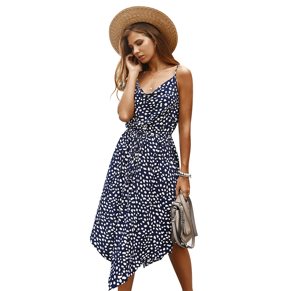 Summer Womens Dress Sleeveless Straps Polka Dot Casual Short Sleeve Midi Dress