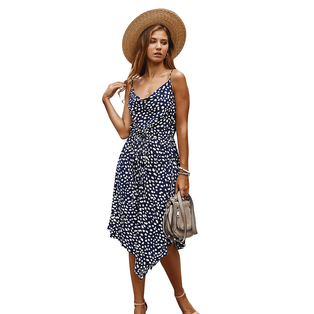 Summer Womens Dress Sleeveless Straps Polka Dot Casual Short Sleeve Midi Dress