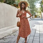 Summer Womens Dress Sleeveless Straps Polka Dot Casual Short Sleeve Midi Dress