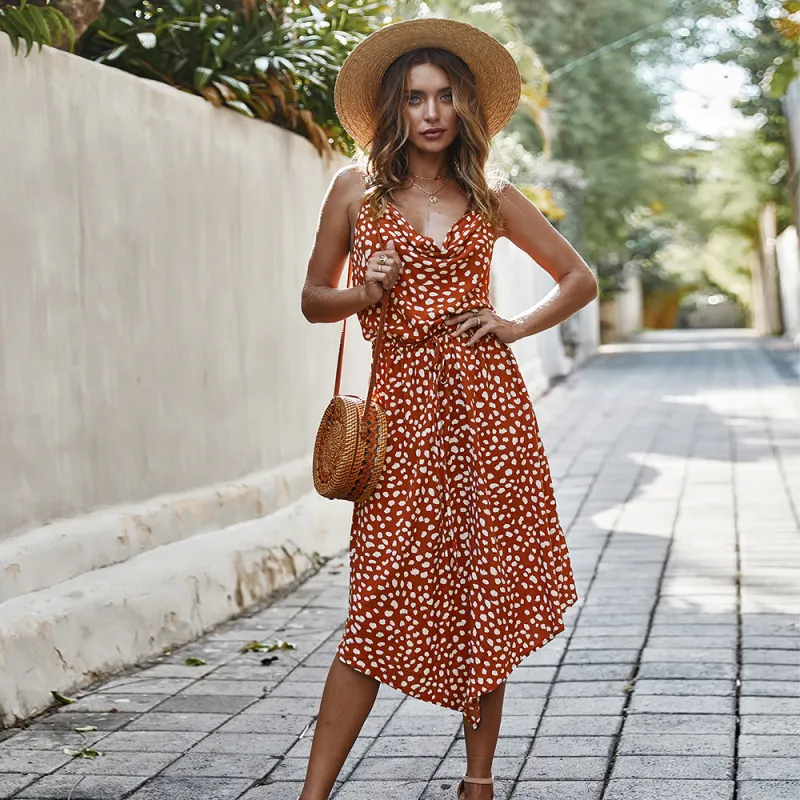 Summer Womens Dress Sleeveless Straps Polka Dot Casual Short Sleeve Midi Dress
