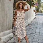 Summer Womens Dress Sleeveless Straps Polka Dot Casual Short Sleeve Midi Dress