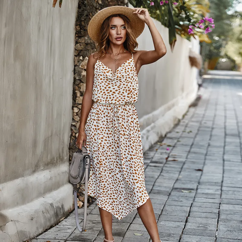 Summer Womens Dress Sleeveless Straps Polka Dot Casual Short Sleeve Midi Dress