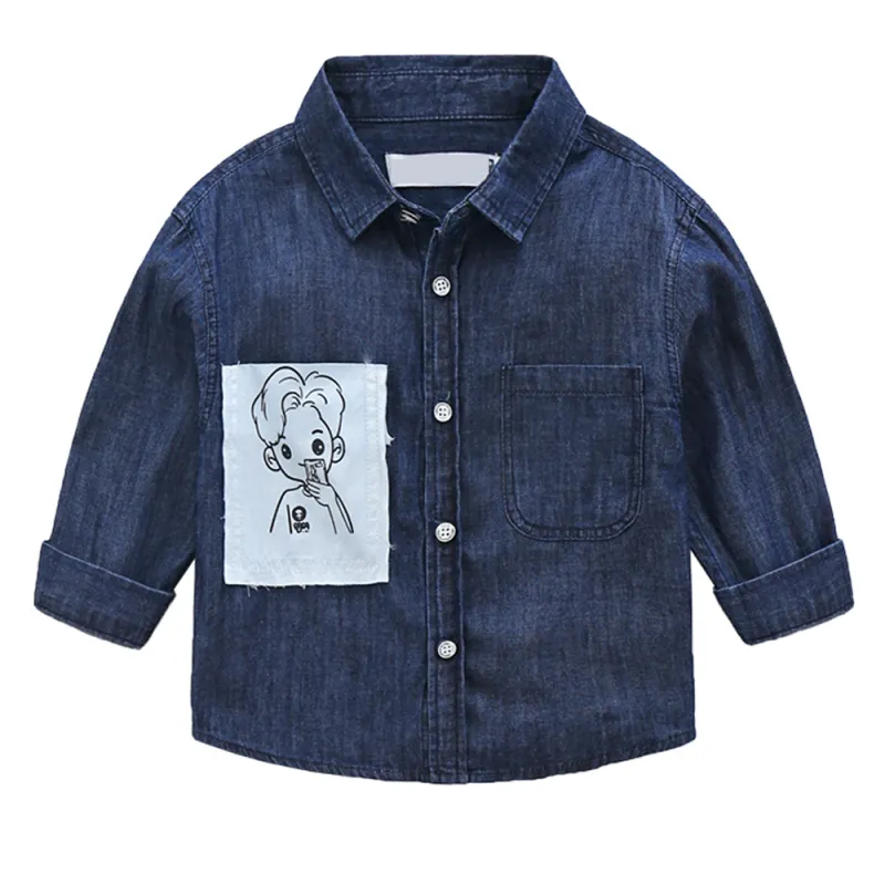 Boys Button Down Shirt Long Sleeve Toddler Denim Shirt with Pocket