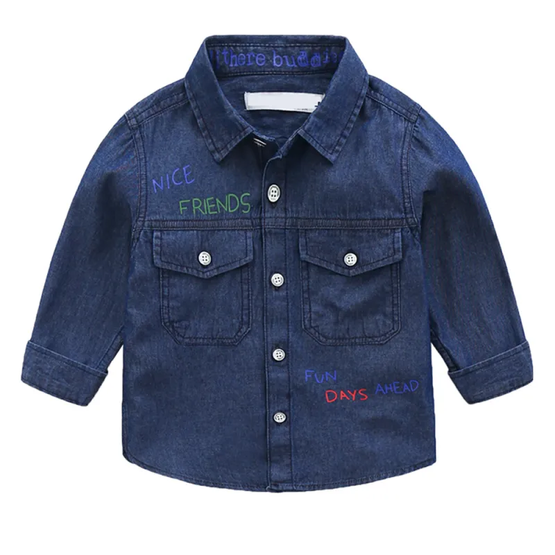 Boys Button Down Shirt Long Sleeve Toddler Denim Shirt with Pocket