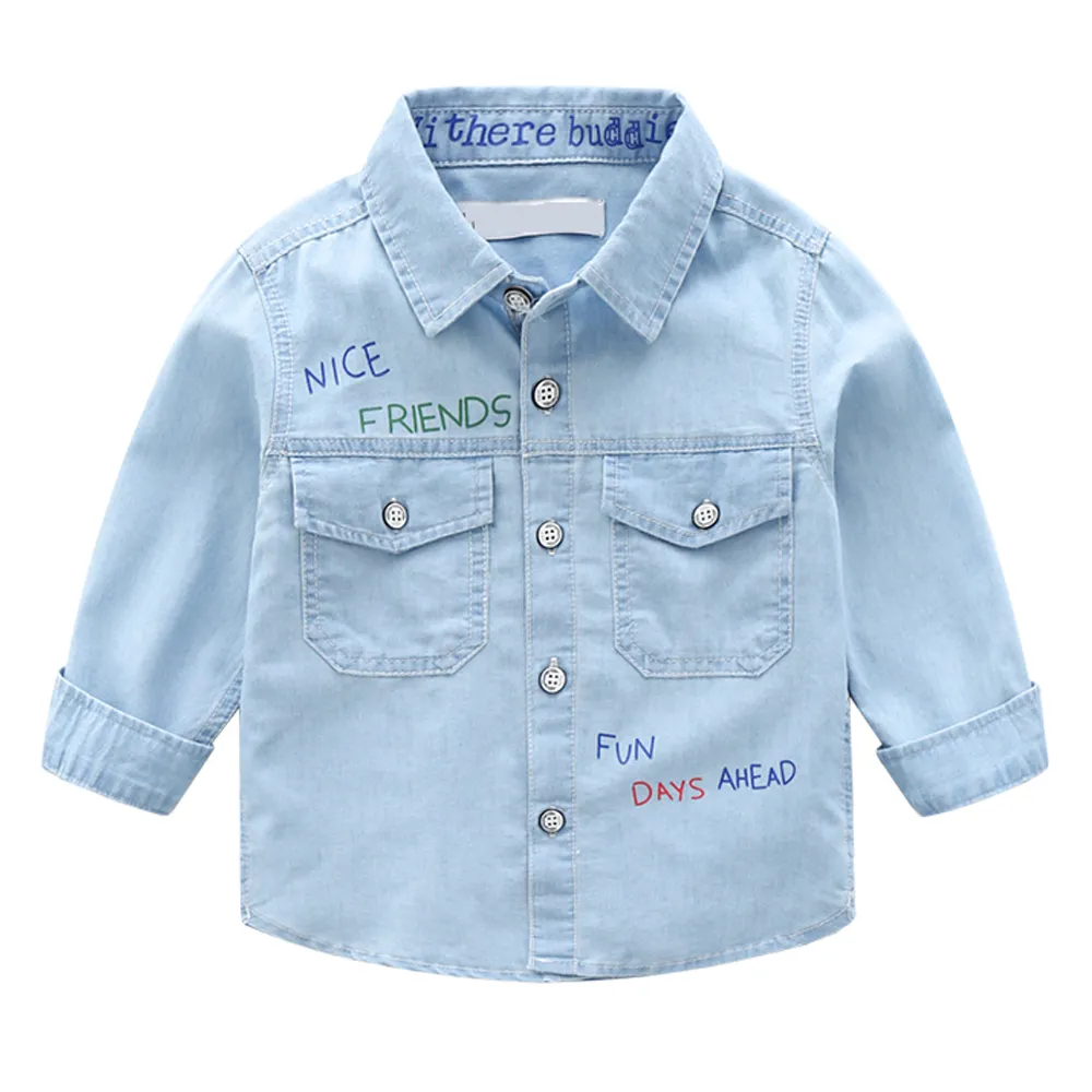 Boys Button Down Shirt Long Sleeve Toddler Denim Shirt with Pocket