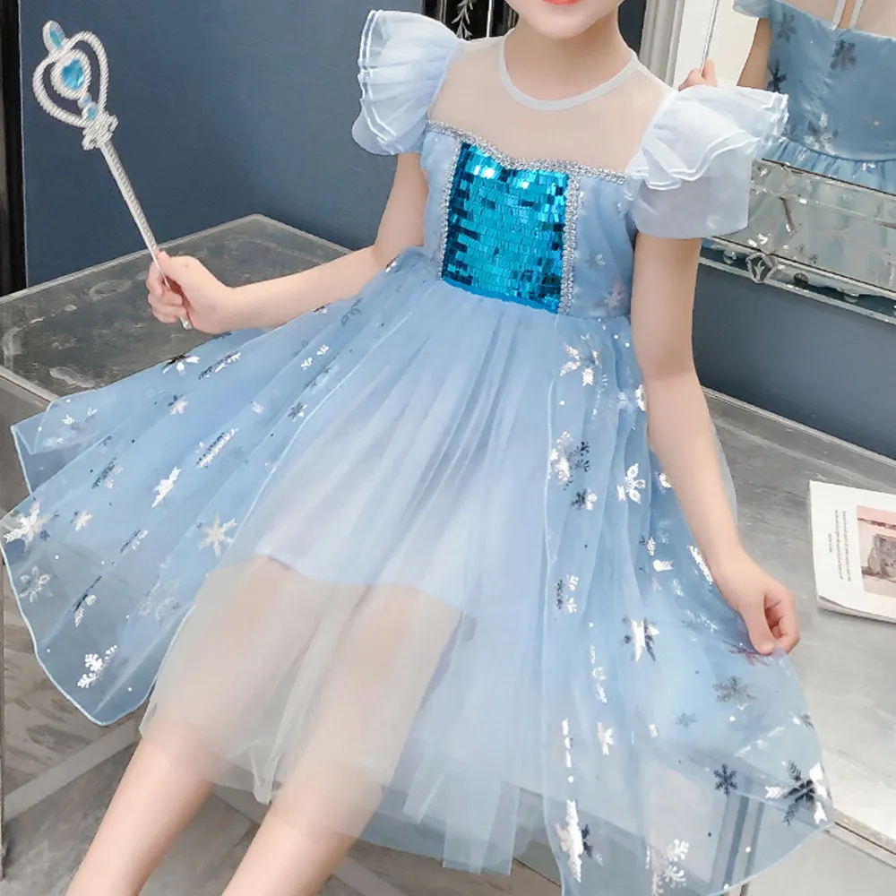 Little Girl Dresses Short-Sleeve Tulle Princess Sparkling with The Crown and The Fairy Stick