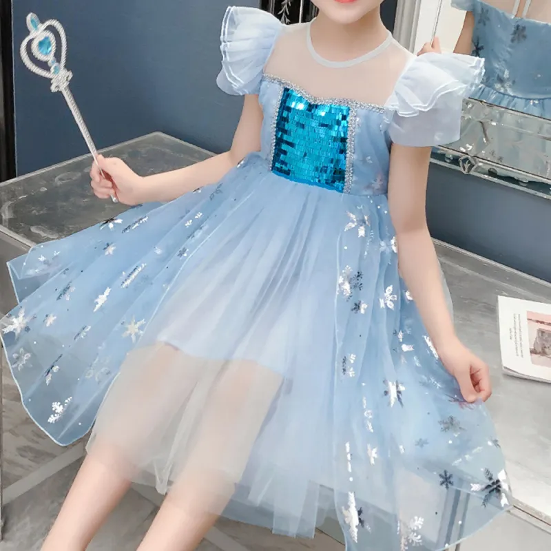 Little Girl Dresses Short-Sleeve Tulle Princess Sparkling with The Crown and The Fairy Stick