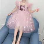 Little Girl Dresses Short-Sleeve Tulle Princess Sparkling with The Crown and The Fairy Stick