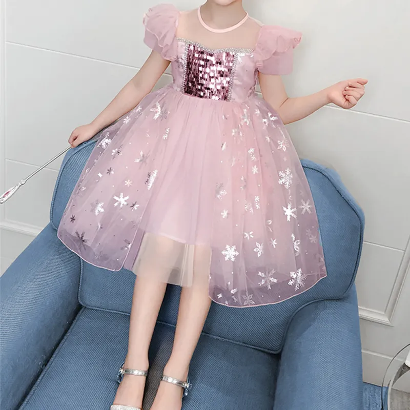 Little Girl Dresses Short-Sleeve Tulle Princess Sparkling with The Crown and The Fairy Stick