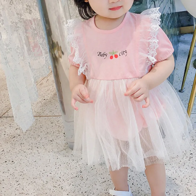 Baby Girls Bodysuit Summer Printed Gauze Short-Sleeve Dress 