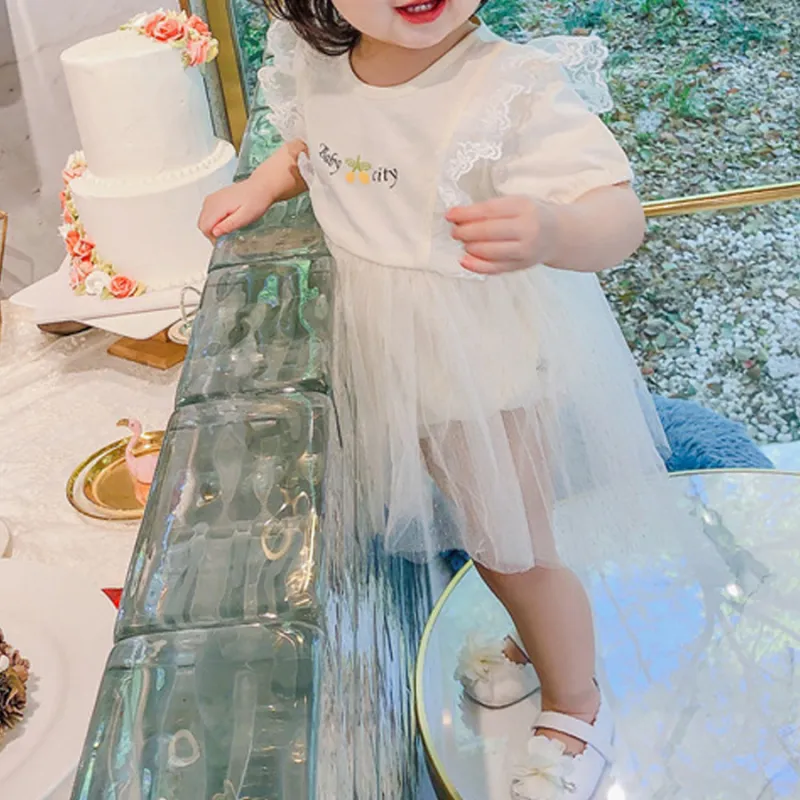 Baby Girls Bodysuit Summer Printed Gauze Short-Sleeve Dress 