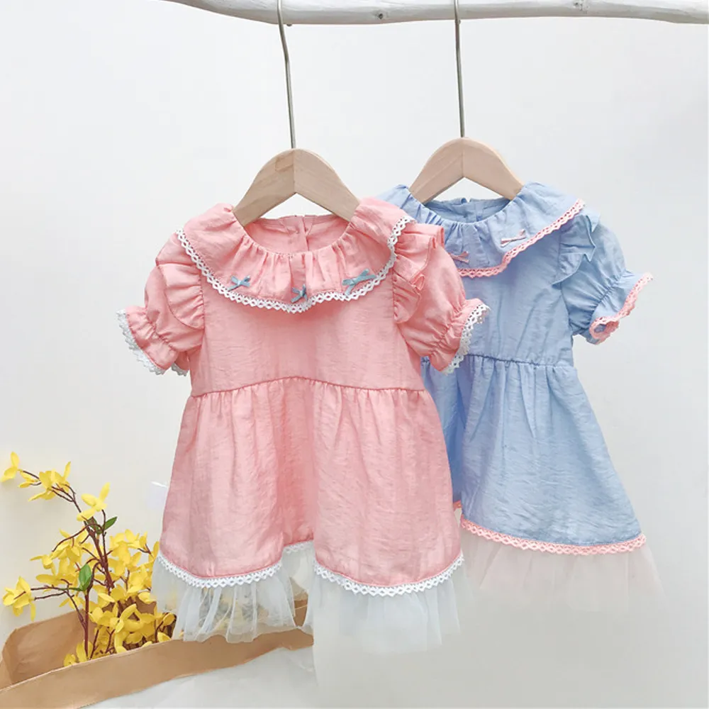 Baby Girls Dresses Summer Princess Sleeve Lace Collar Short-Sleeve Dress 