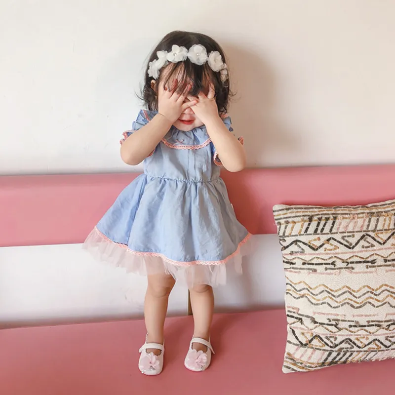 Baby Girls Dresses Summer Princess Sleeve Lace Collar Short-Sleeve Dress 