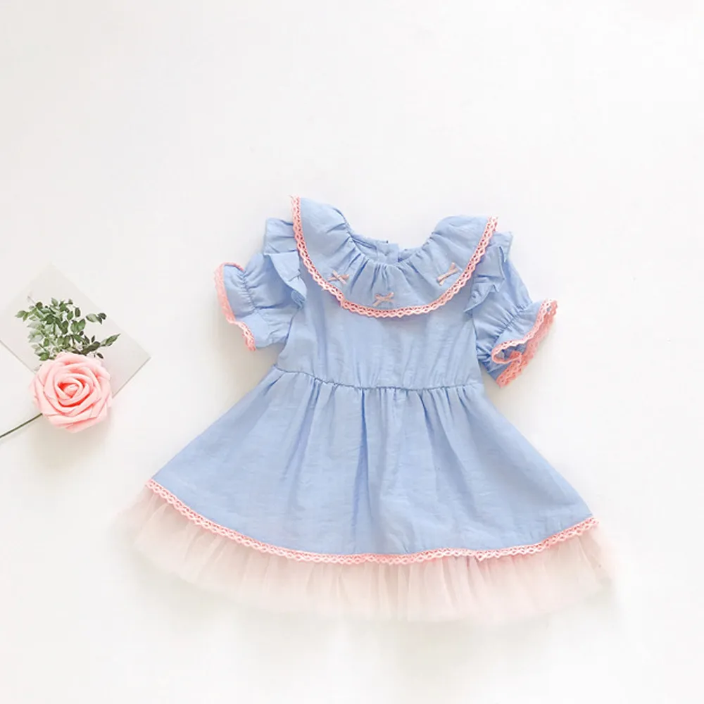 Baby Girls Dresses Summer Princess Sleeve Lace Collar Short-Sleeve Dress 